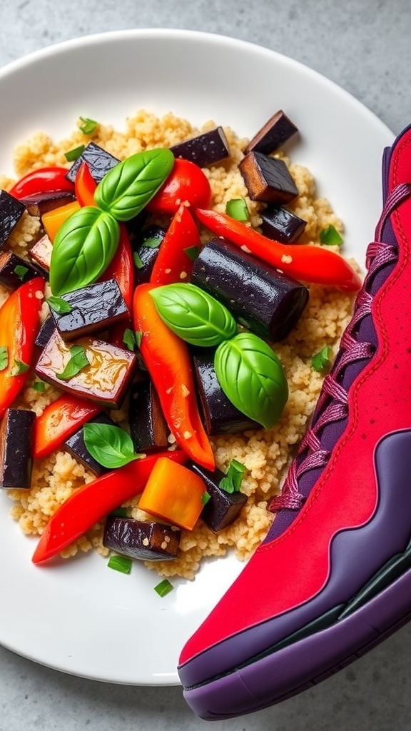 Kobe 5 Protro Eggplant Red Recipe A colorful quinoa dish with eggplant and red bell pepper, garnished with basil, inspired by the Kobe 5 Protro Eggplant Red.